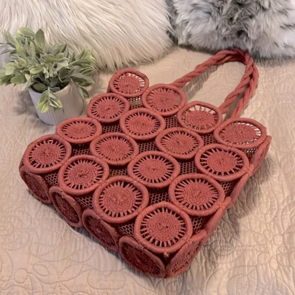 Madewell Catania Mauve Pink Boho Circle Mesh Two Handle Beach Pool Lake Tote